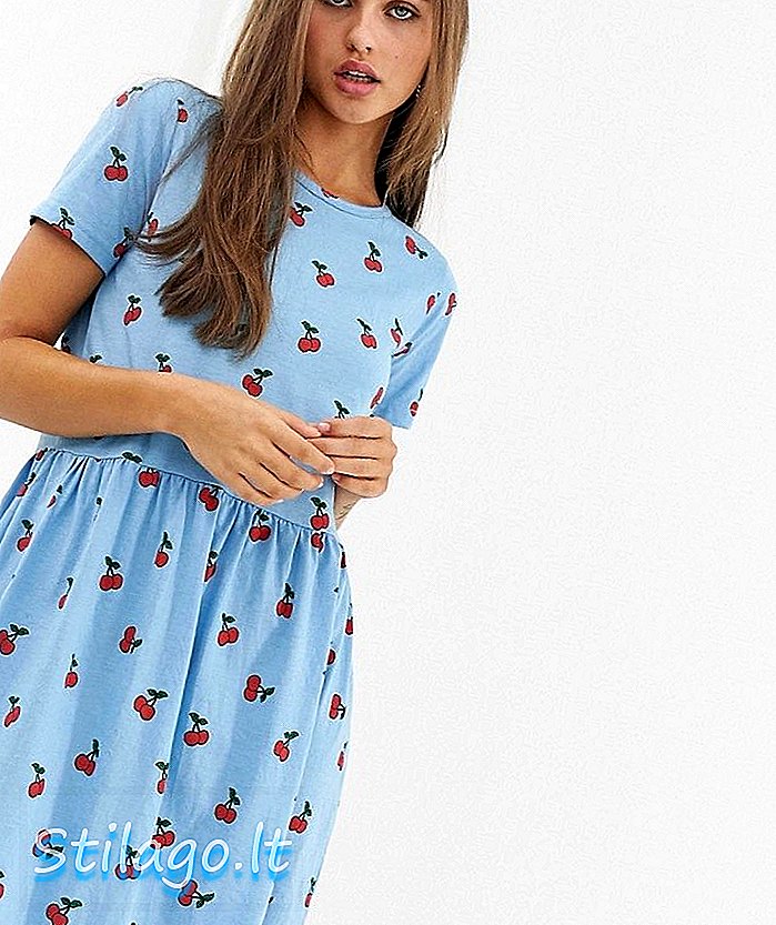 Daisy Street mini smock klänning i hela körsbärs-tryck-blå