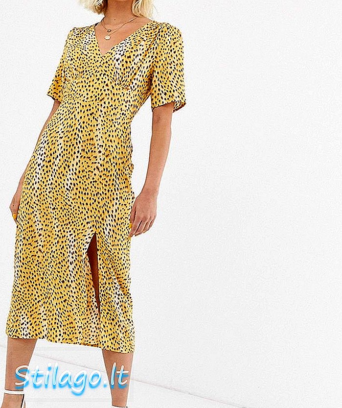 Чайна рокля за мис Selfridge с размазан гепард миди -жълта