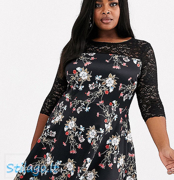 Robe patineuse à fleurs Simply Be avec détail en dentelle-Noir