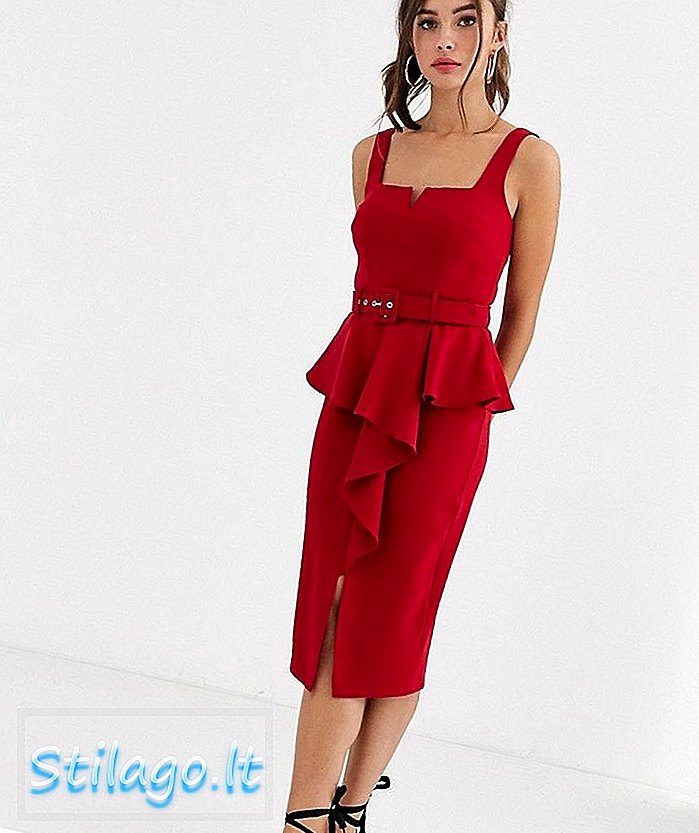 Paper Dolls belted peplum midi dress with cut in red