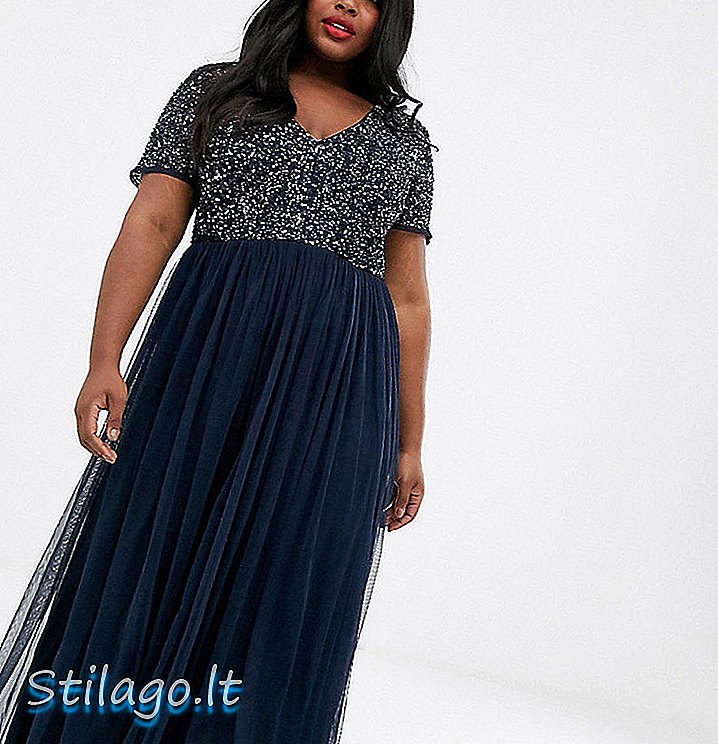 Rochie maxi Tulle cu guler Maya Plus V, cu paiete delicate tonale în bleumarin