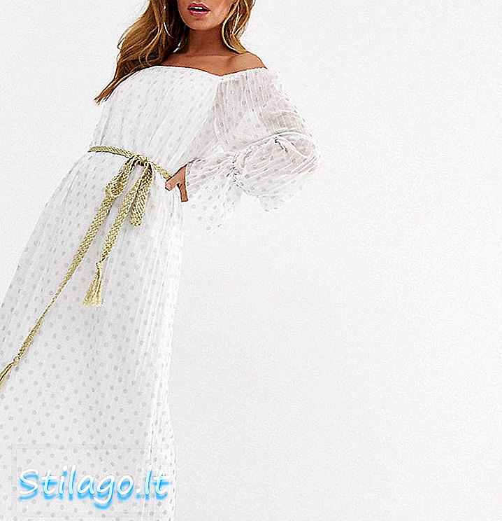 TFNC Petite bardot pileli folyolu puantiyeli kumaş maxi elbise-Multi