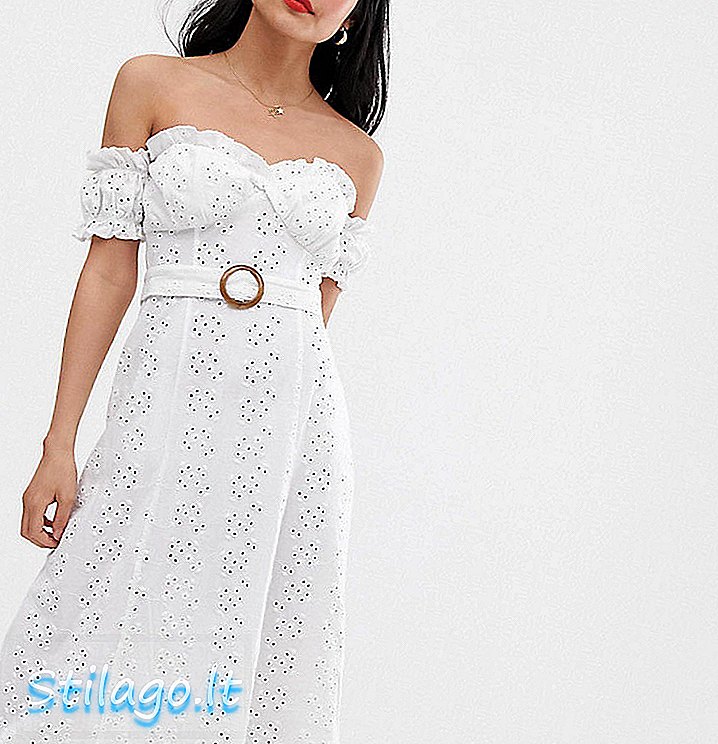 ASOS DESIGN Petite Bardot Maxi Broderie Sommerkleid mit Schildpattgürtel-Weiß
