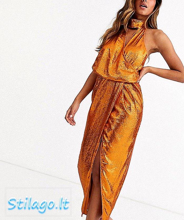 ASOS DESIGN drapowana sukienka midi na całej długości z cekinami w kolorze brązowym
