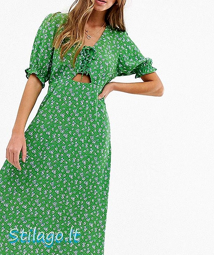 Νέο φόρεμα με γραβάτα εμπρόσθιο μεσαίο φόρεμα με πράσινη εκτύπωση λουλουδιών