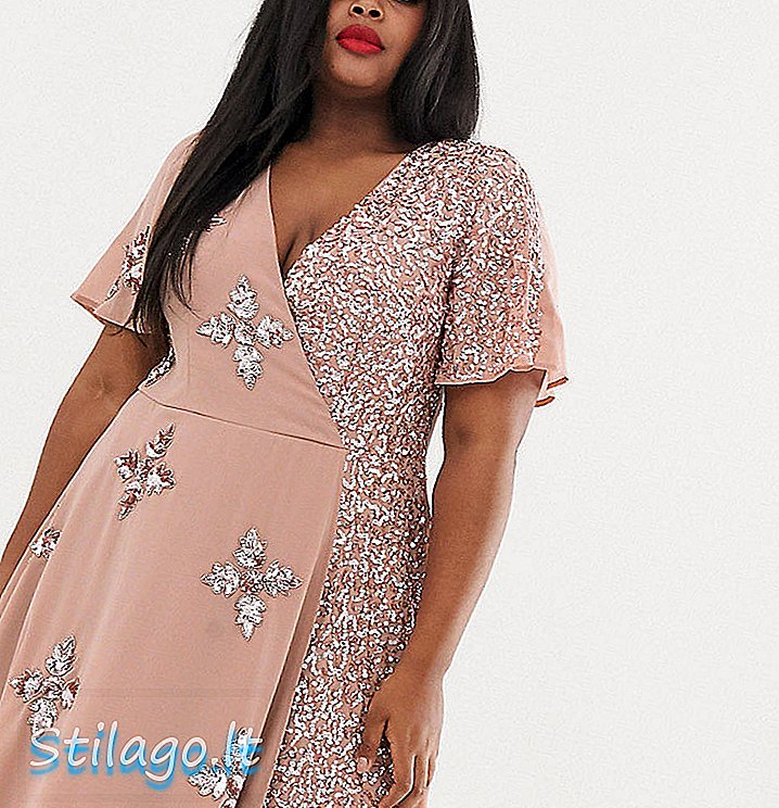 Maya Plus wrap front pyntet midi kjole med kontrast paljetter i pink