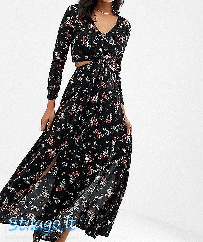 Ліконове квіткове плаття максі з вирізаною деталлю-Чорне