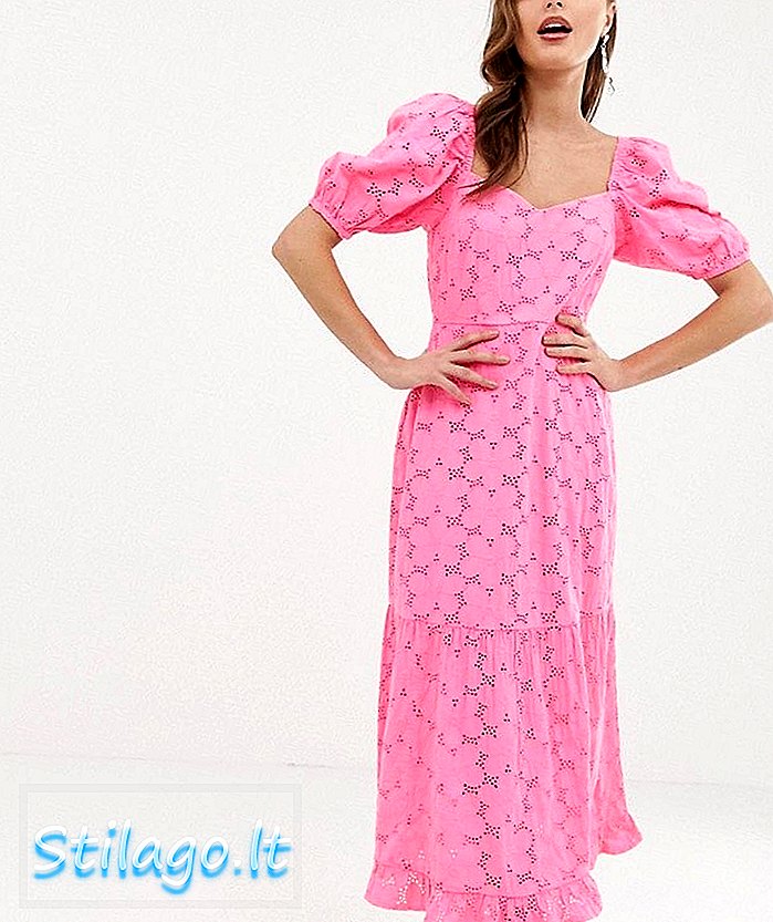 ASOS DESIGN - Midi-jurk met neon broderie, hartvormige halslijn en pofmouwen - roze