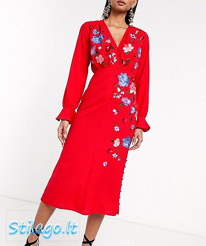ASOS ڈیزائن کڑھائی والے بٹن سامنے مڈی چائے کا لباس بانسری آستین کے ساتھ