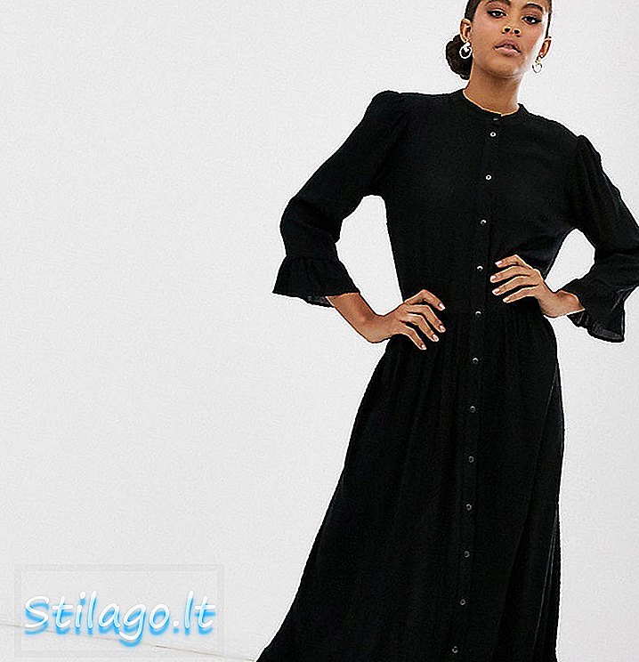 ASOS DESIGN Tombol tinggi melalui maxi dress smock berjenjang di Black-crinkle