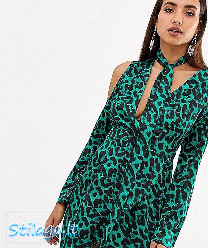 Forever Unikátní šaty s leopardím potiskem se studeným ramenem-zelené