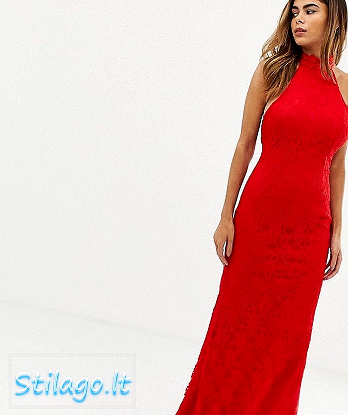 Likvidi viršutinės kaklo spalvos maxi suknelė su nėrinių perdanga ir dekoratyvine raudona spalva