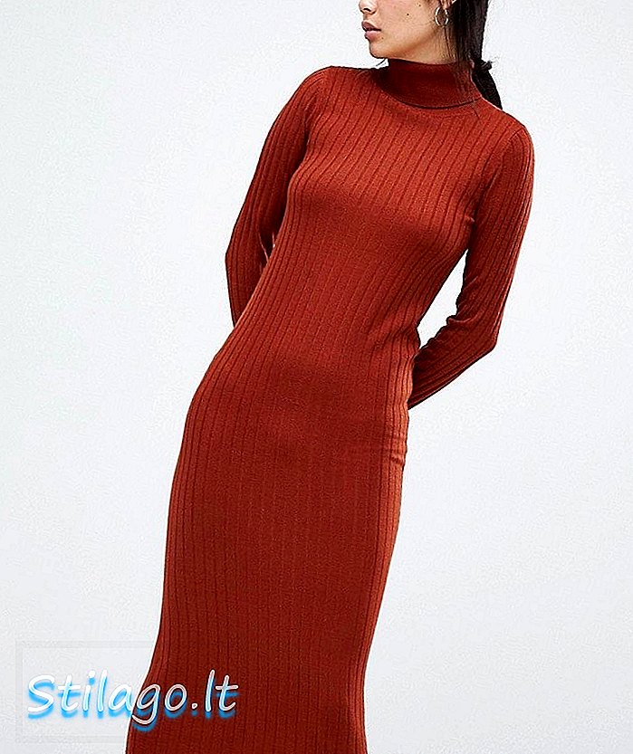 ASOS DESIGN midi-kjole med høj hals i rib-rød