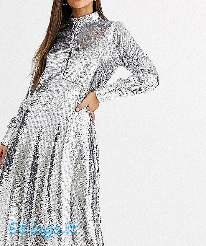 Sequin-Silver의 풀 스커트가있는 네온 로즈 미디 셔츠 드레스