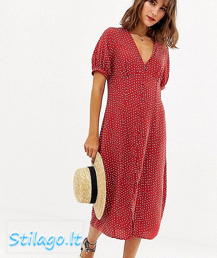 Gaun Vero Moda polka dot midi dengan lengan kelantangan-Merah