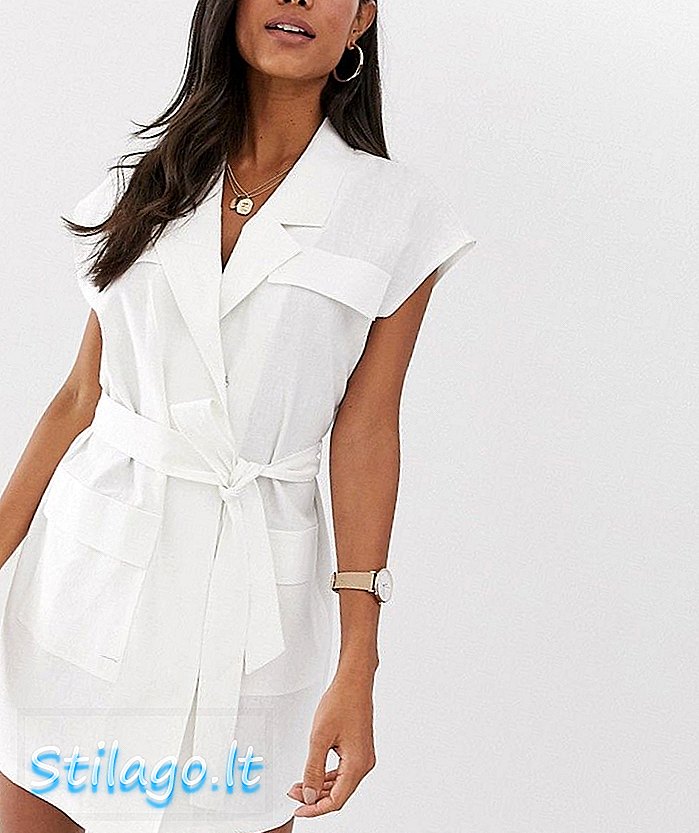 ASOS DESIGN αμάνικο μίνι φόρεμα με ζώνη σε λινό-Λευκό