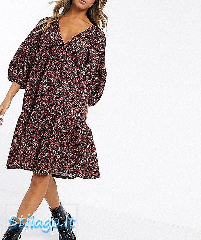 Pull & Bear - Robe smockée à col en V et imprimé floral - Multi