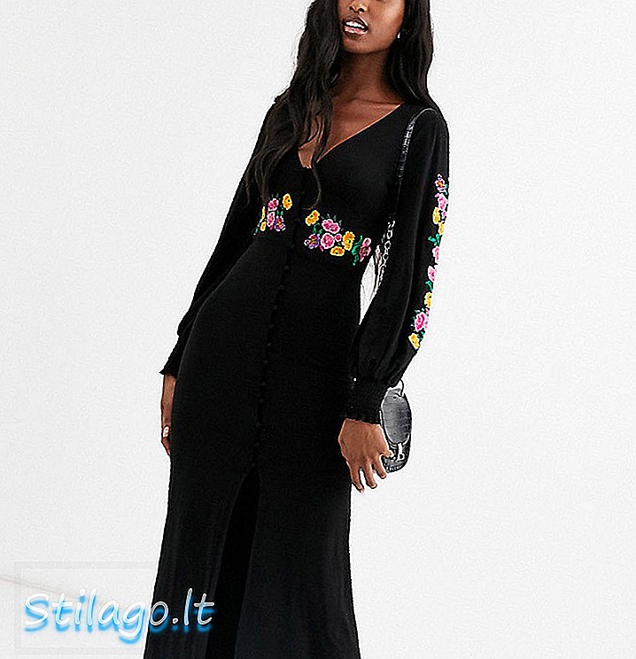 ASOS DESIGN Φόρεμα τσαγιού ψηλό maxi κεντημένο-Μαύρο
