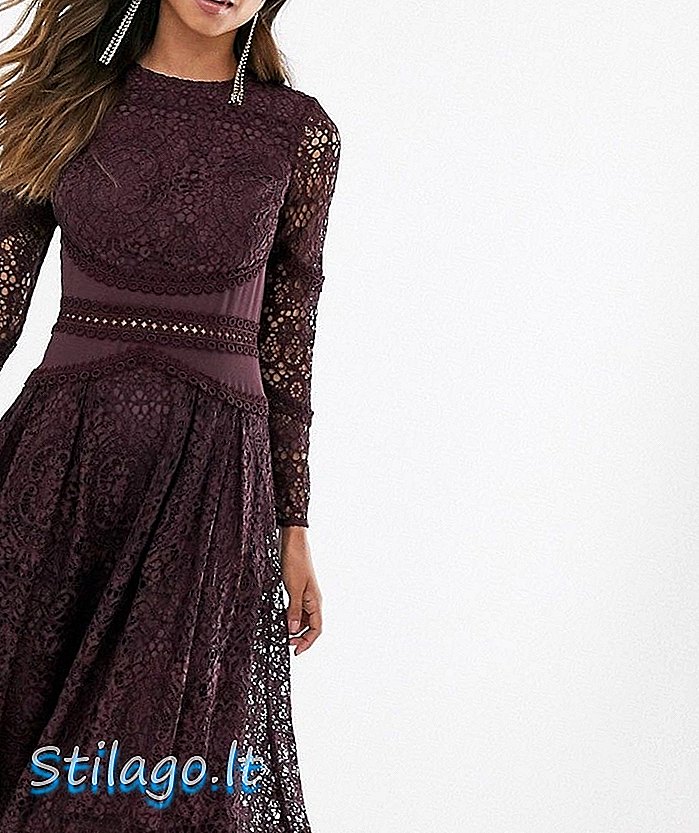 ASOS DESIGN plesové šaty s dlouhým rukávem v krajce s kruhovými lemovými detaily - Purple
