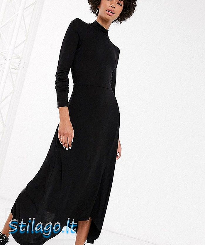 काळ्या रंगात मोन्की हाय नेक मिडी ए-लाइन ड्रेस