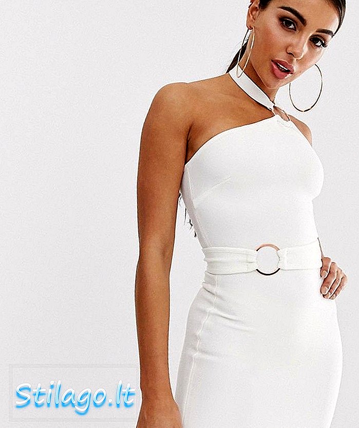 Biała bandażowa sukienka Girlcode z detalami w kształcie pierścienia