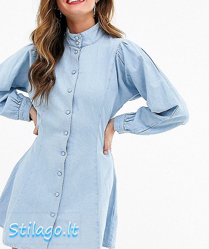 ASOS डिजाइन डेनिम उच्च गर्दन आस्तीन विस्तार शर्ट ड्रेस-नीला