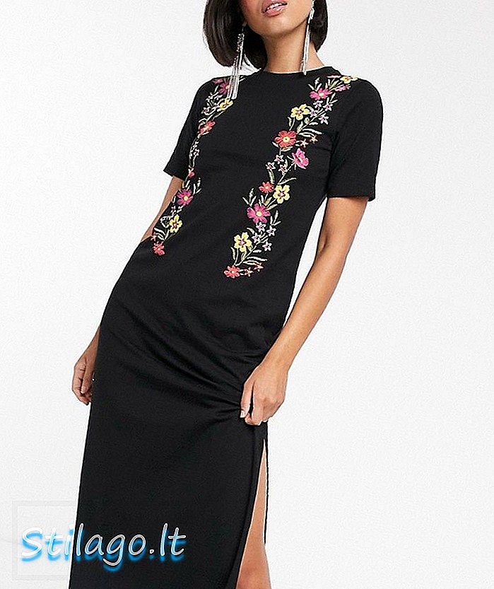 ASOS DESIGN 프린트 플로럴 미디 티셔츠 드레스-블랙