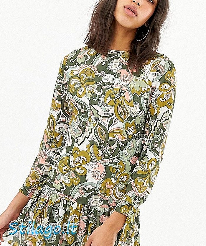 Älskar långärmad tryckt klänning med peplum-Green