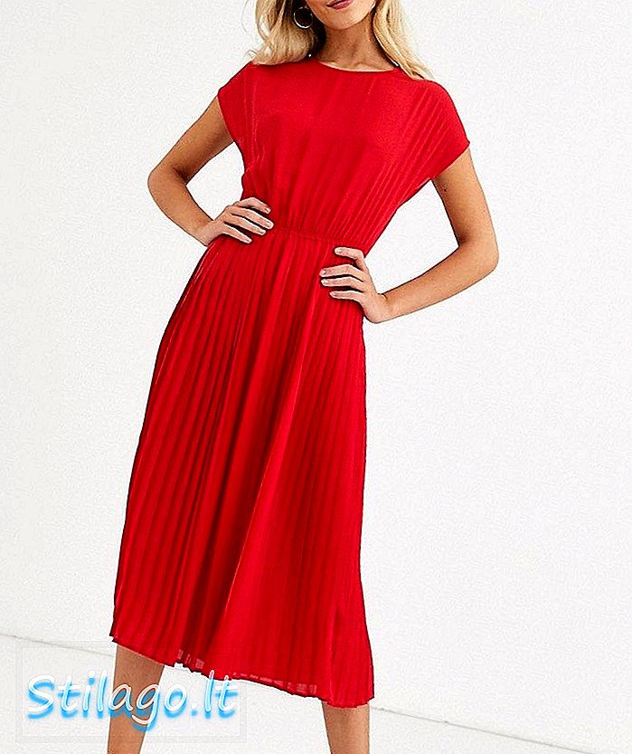 Nový vzhled skládaných midi šatů v červené barvě