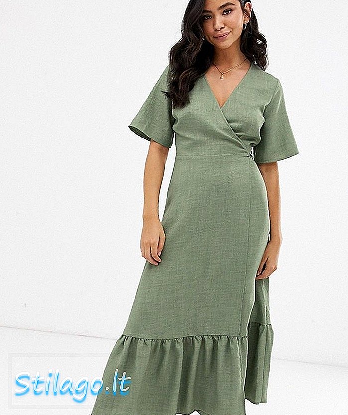 New Look льняное многоярусное платье с запахом зеленого цвета