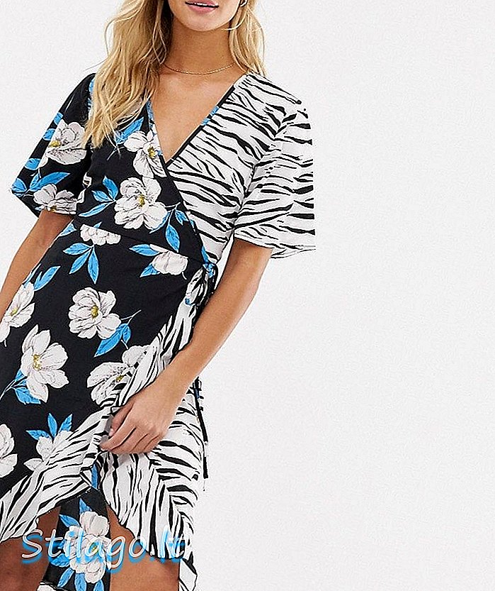 Pengaruh bungkus midi dress dalam print floral zebra mix-Multi