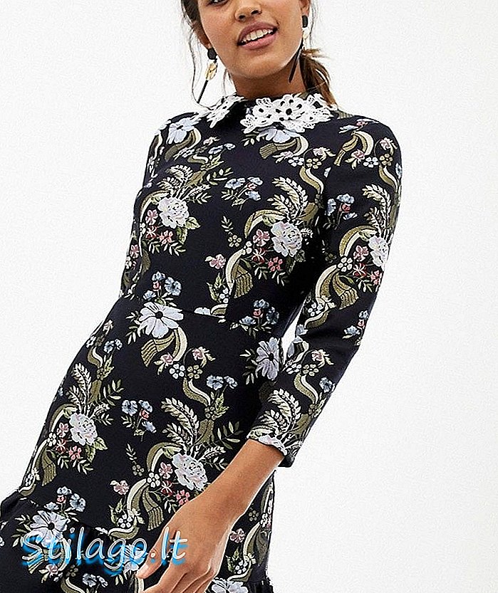 ASOS DESIGN - Mini-jurk van jacquard pephem met kanten kraag - Multi
