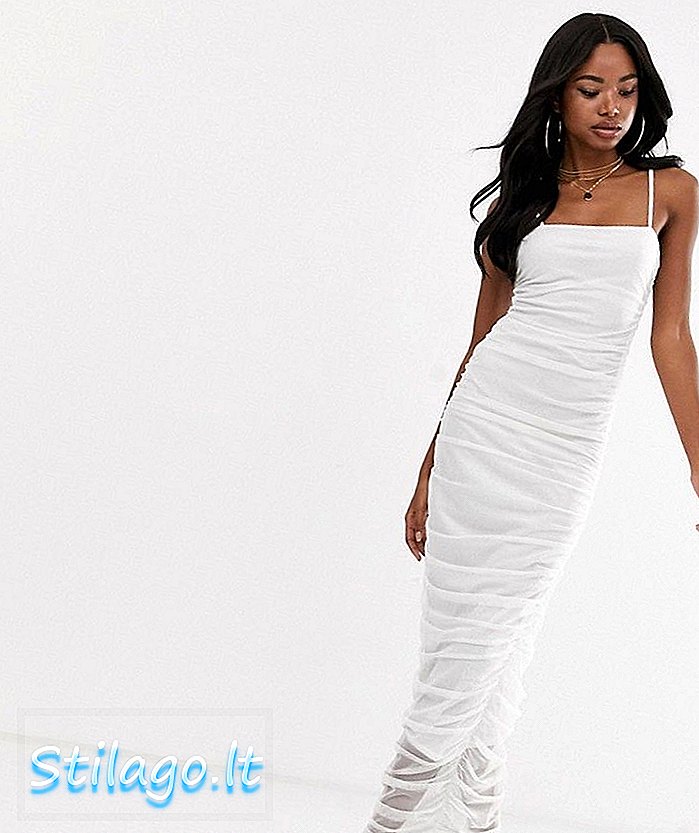 PrettyLittleThing maxi bodycon kjole med blank detalj i hvit mesh-Cream