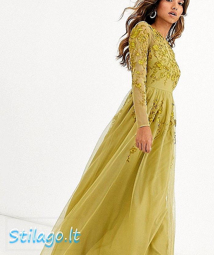 فستان ماكسي ASOS DESIGN طويل الأكمام بشبكة مطرزة - ذهبي