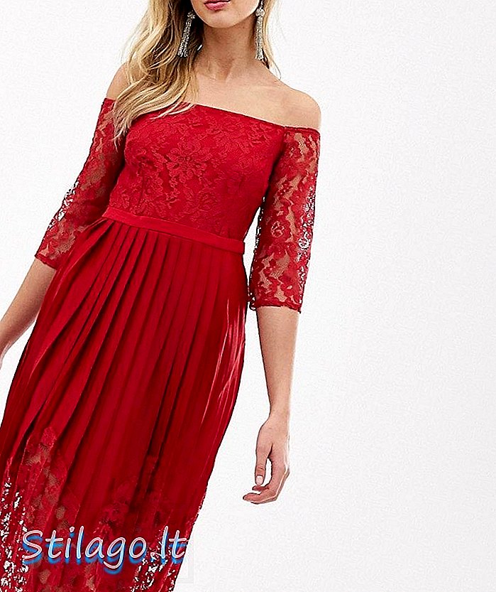 Little Mistress getailleerd kanten lijfje off-shoulder halflange mouwen-Rood