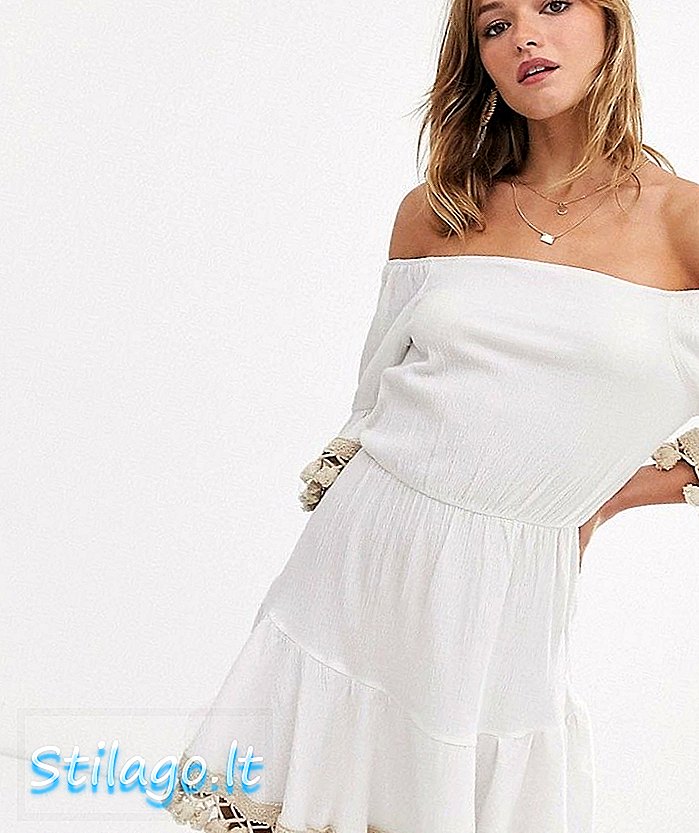 ASOS DESIGN tassle off shoulder mini smock dress-White