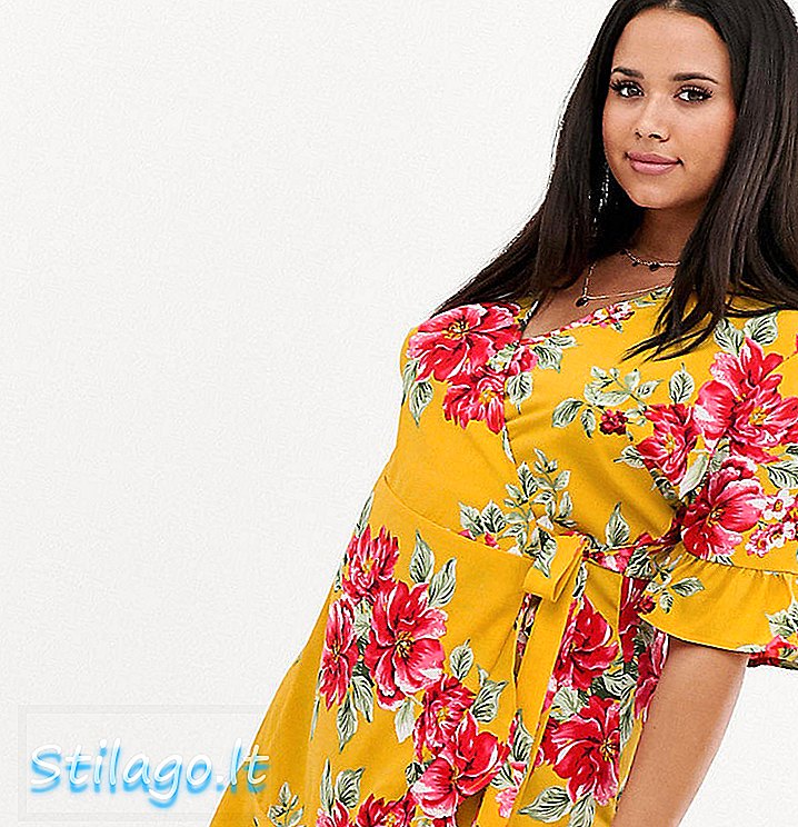 Influence Plus wrap kjole med frill detaljer i blomsterprint-gul