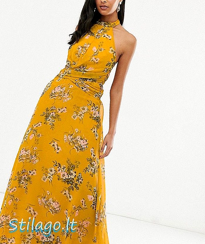 ASOS DESIGN - Lange jurk met hoge hals en gedrapeerd tailledetail in mosterdgeel met bloemenprint