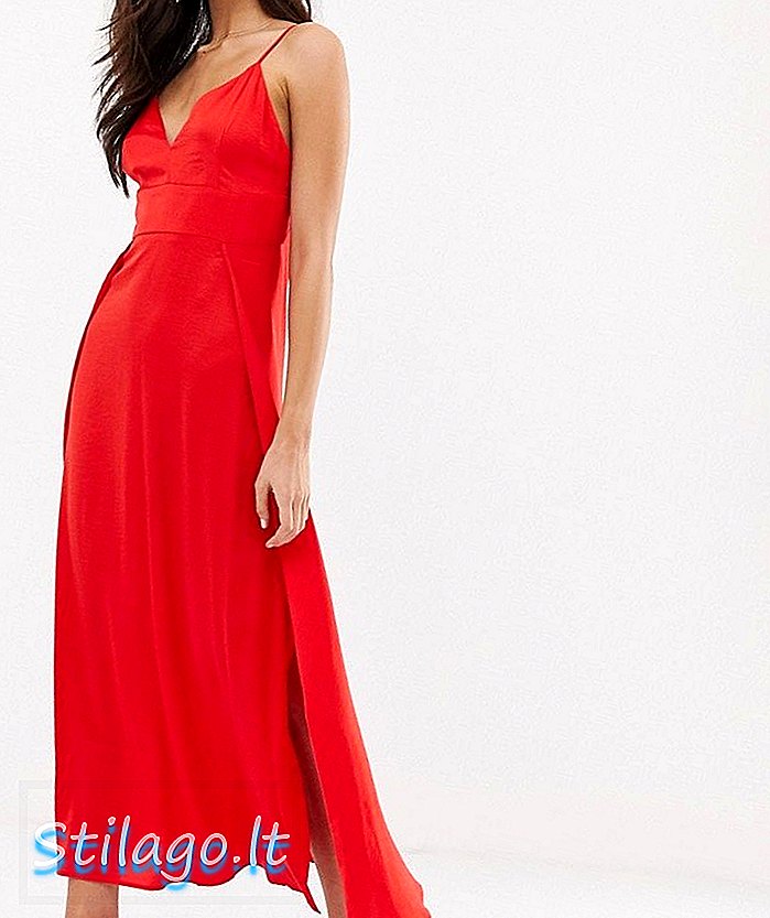 Vestido maxi cami satinado Vila con aberturas laterales-Rojo