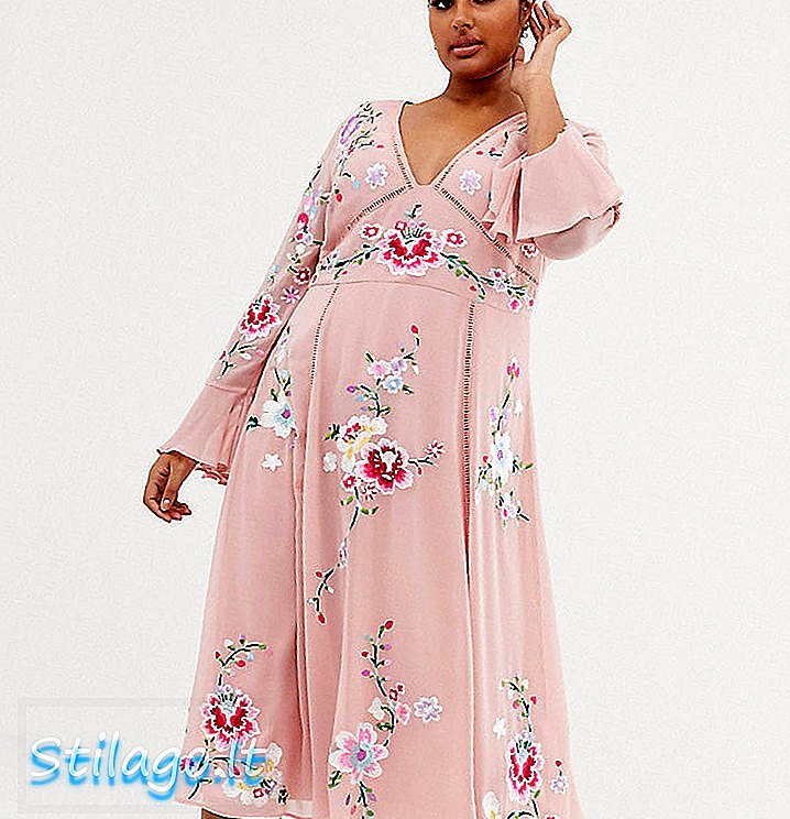 ASOS DESIGN Kurvbroderad midi-klänning med spetsar-rosa