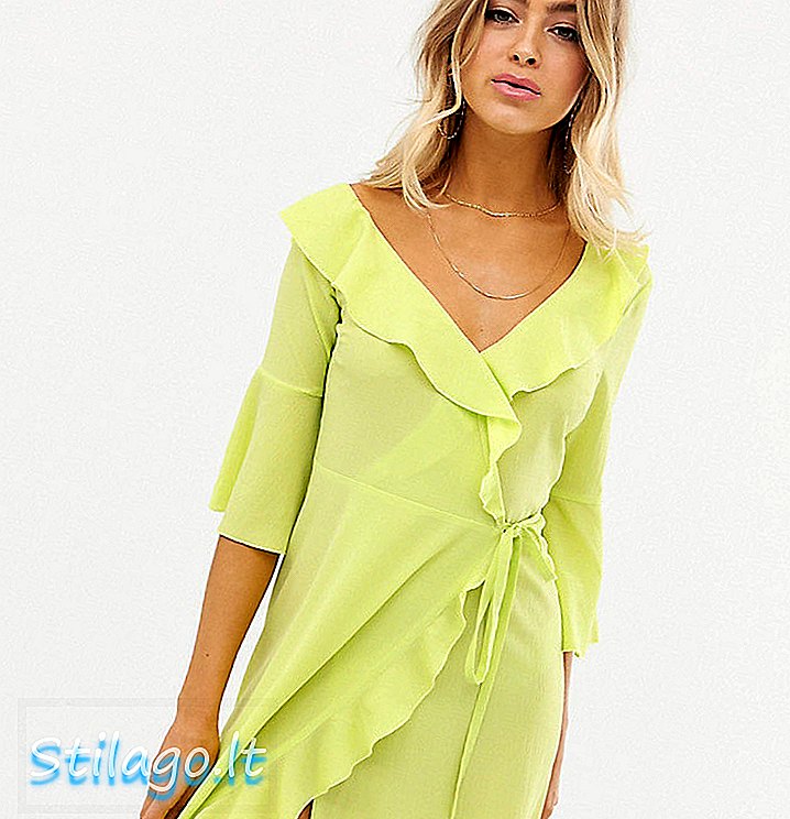Kireç yeşili yivli kollu çirkin servet bir omuz fırfır şal midi elbise