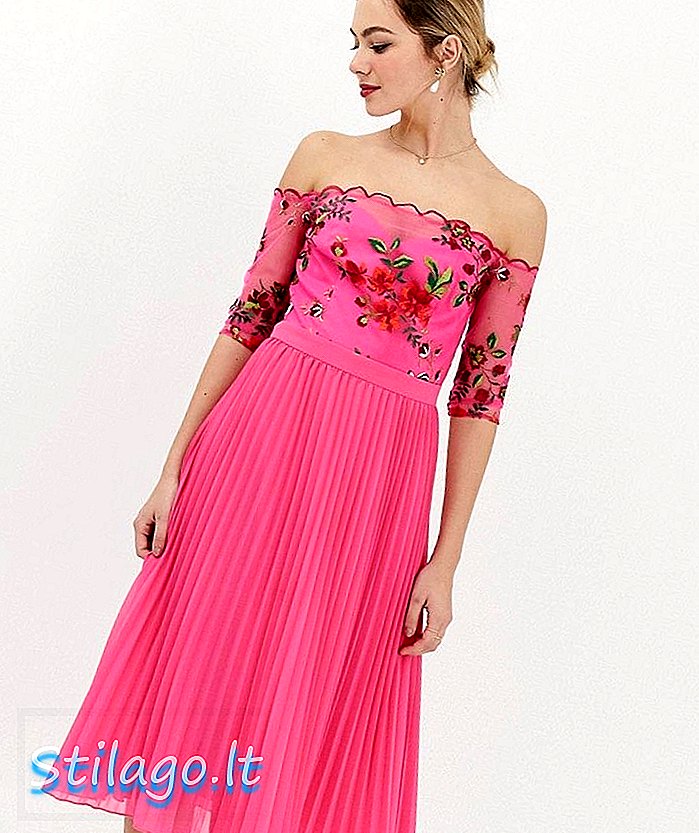 Chi Chi London krajkové vyšívané top midi šaty s skládanou šifonovou sukní v fuchsiově růžové