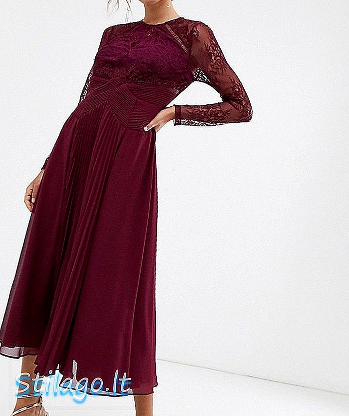 ASOS DESIGN - Halflange geplooide midi-jurk met kanten panelen en plooien - Rood