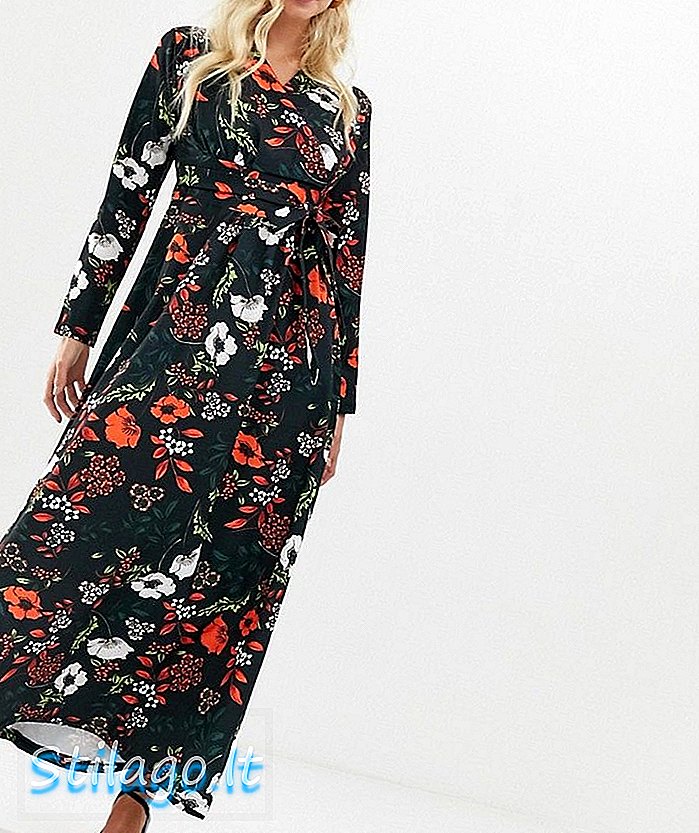 زیبی لندن لپیٹ سامنے لمبی بازو پھولوں والی مڈی لباس-سیاہ