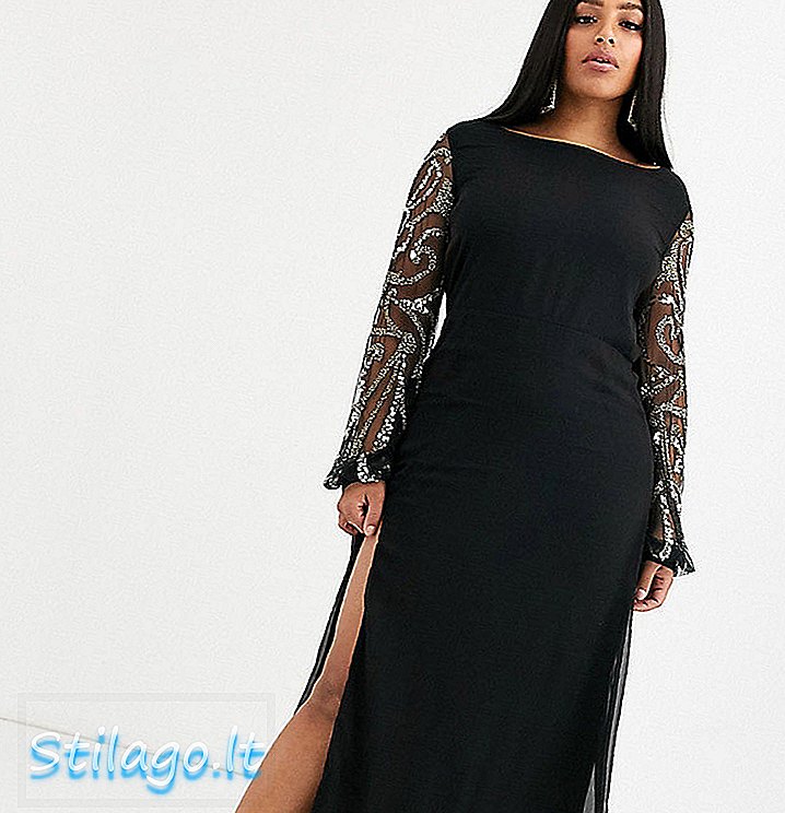 Virgos Lounge Plus milzīga maxi kleita ar garām piedurknēm ar augšstilbu sadalīta melnā krāsā