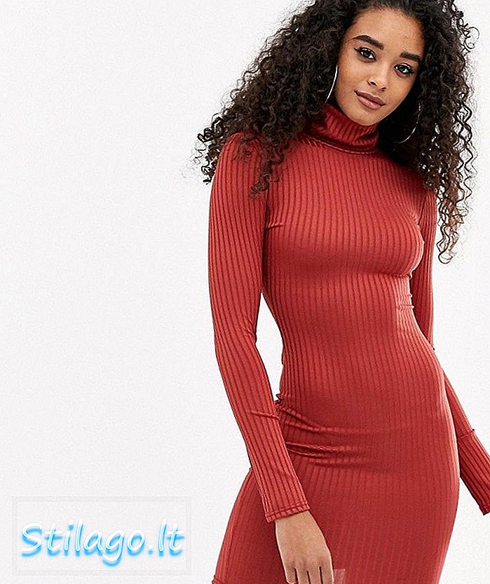 PrettyLittleThing Rollkragen-Langarm-Rippchen-Bodycon-Minikleid in Rot