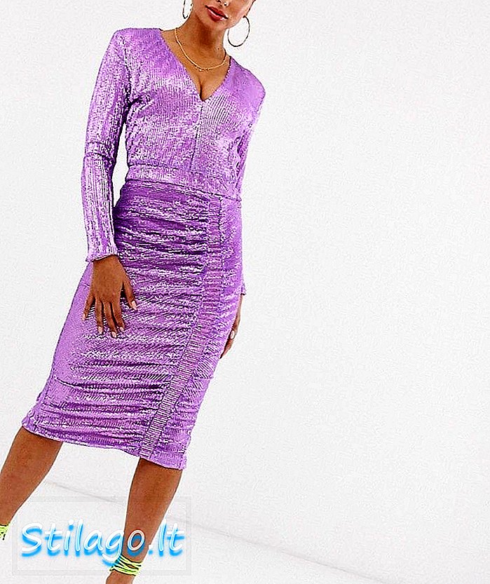 लिलाश iceलिस सिक्विनने लिलाक-जांभळा रंगात मिडी ड्रेस सजविला