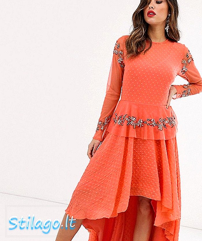 Đầm ren & hạt thêu váy cao thấp màu hồng san hô