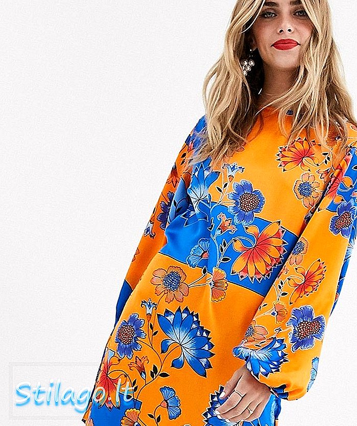 فستان قصير من الكيمونو باللون الأزرق والبرتقالي