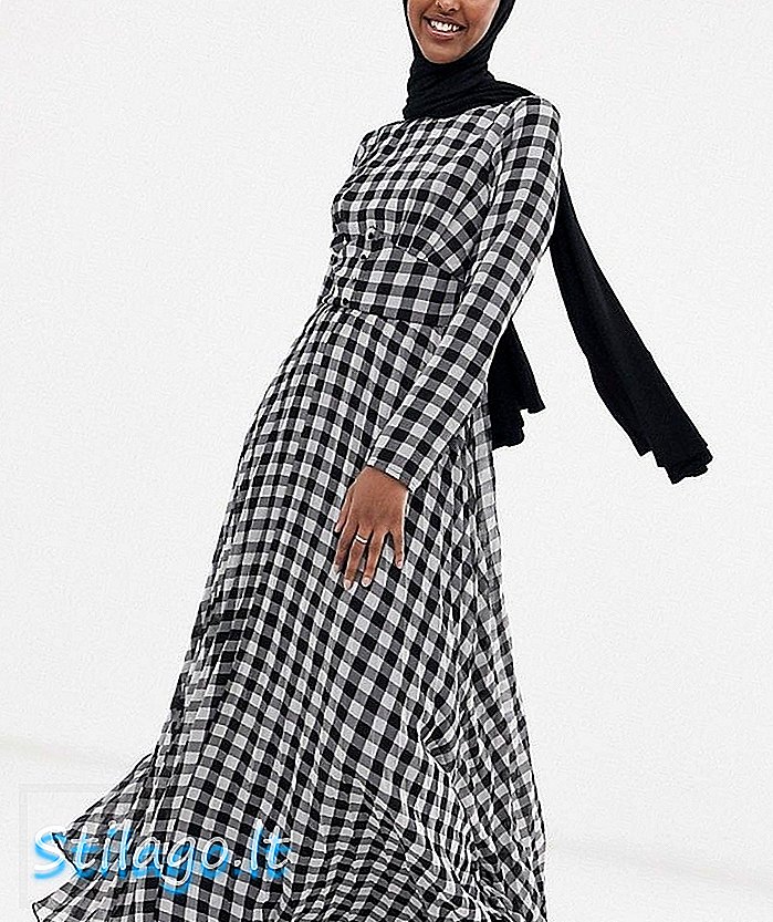 Nút thiết kế ASOS phía trước váy maxi xếp li trong seersucker gingham-Multi